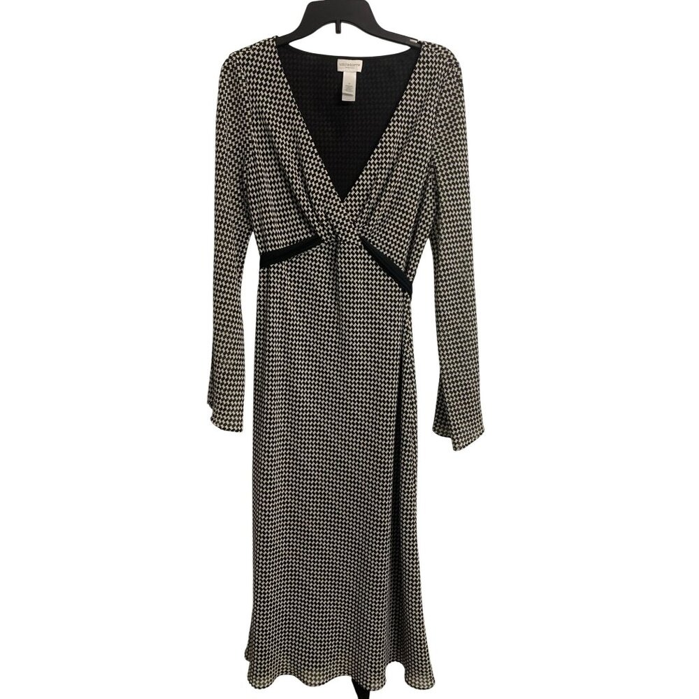 Liz Claiborne 16 Black White Houndstooth Long Bell Sleeve Maxi Dress